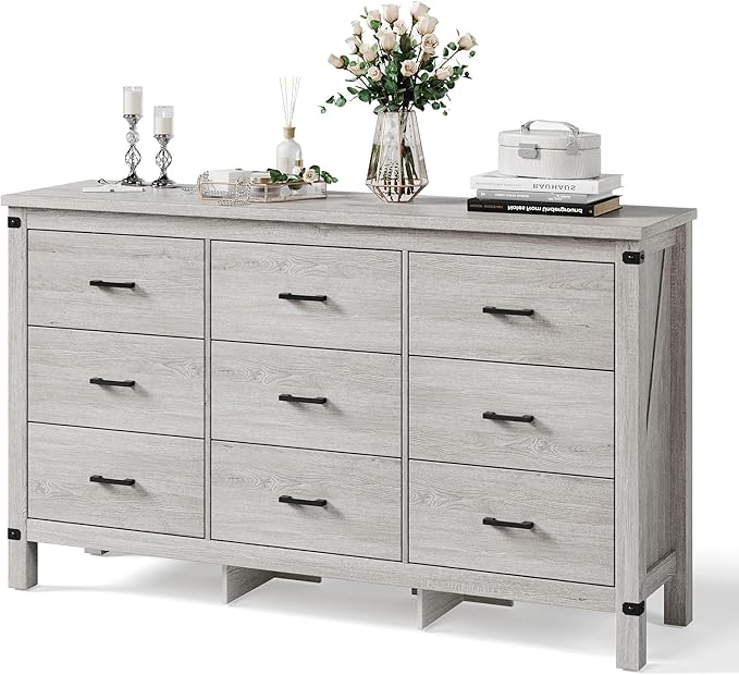 LINSY HOME Dresser for Bedroom with 9 Drawers, 59” Wide Chest with Deep Drawer, Modern Farmhouse Dresser TV Stand with Metal Handles, Wood Storage Cabinet for Closet, Living Room, Hallway, Wash Grey