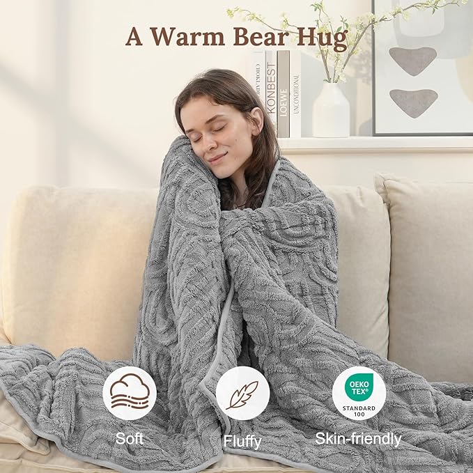 Sherpa Fleece Adult Weighted Blanket Great for Sleep, 15 lbs Dual Sided Soft Fuzzy Heavy Blankets for Couch Bed Sofa, Cozy Warm Fluffy Arched Jacquard Throw for Winter (Grey, 60" x 80", 15 Pounds)