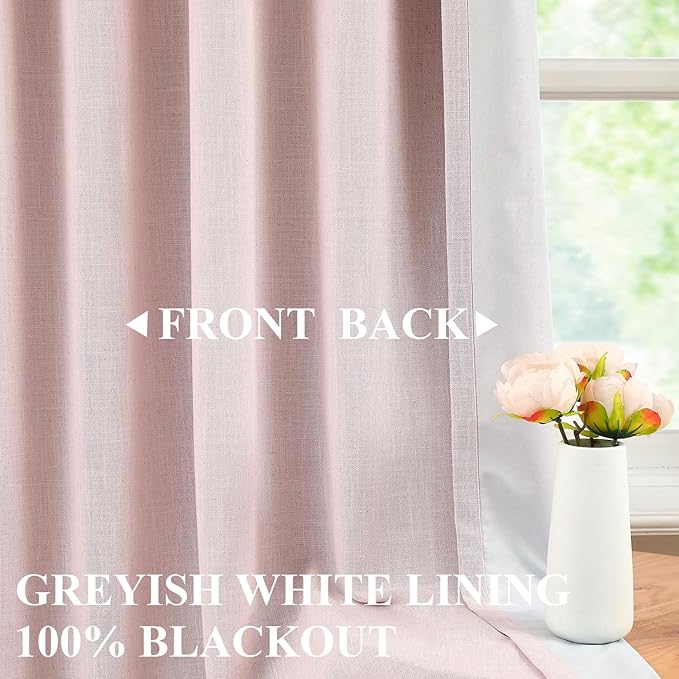 Vision Home Pink Linen Full Blackout Curtains 95 inch Long for Bedroom Living Room Darkening Light Blocking Window Panels Thermal Insulated Rod Pocket Back Tab Neutral Drapes 56" Wx95 Lx2
