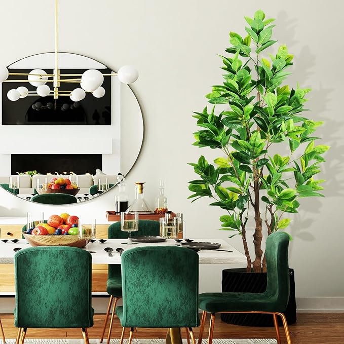 7.2ft Artificial Rubber Tree (85in) with Plastic Nursery Pot Fake Tree, Faux Ficus Plant for Office House Farmhouse Living Room Home Decor (Indoor/Outdoor)
