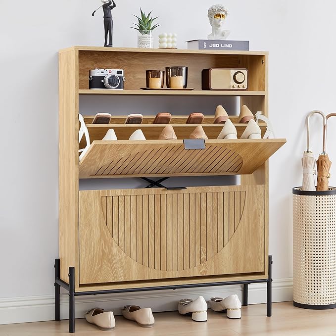 47" Fluted Large Shoe Cabinet with 4 Flip Drawers, Slim Freestanding Shoe Cabinet Organizer, Narrow Shoes Storage Rack for Entryway, 5 Sturdy Legs (All Natural-2 drawers, 9.45"D x 31.5"W x 41.93"H)