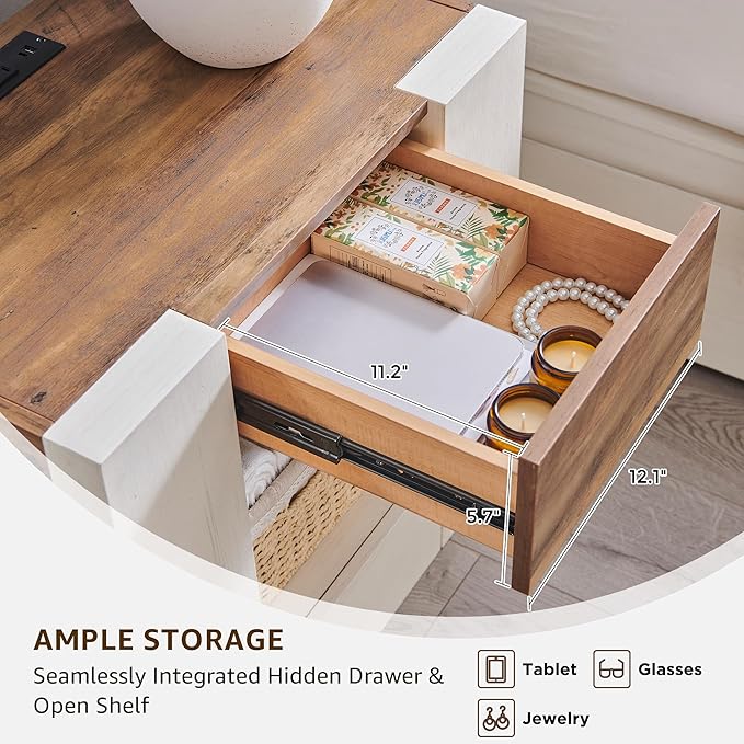 OKD 24'' Modern Nightstands Set of 2, Large Wooden End Table with Charging Station & Drawer & Storage Shelf, Rustic Square Bedside Table for Bedroom, Living Room, Wood Thick Design,Antique White