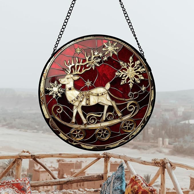 Stained Glass Window Hanging 4 Pcs Set Red Christmas Elk Snowflakes 9.8" - Deer Suncatcher Door Garden Sun Catcher Decor Birthday for Mom Woman Nana Men Friend