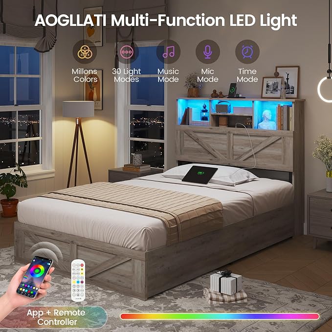 AOGLLATI Twin Bed Frame with 4 Storage Drawers and Charging Station, Farmhouse Wooden Led Twin Bed with Storage Hidden Space Headboard and Metal Slats, Gray