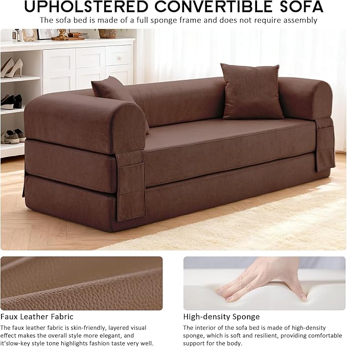 78.5" Convertible Sleeper Sofa Bed, Faux Leather Deep Seat Folding Floor Sofa with Pullout Bed & 2 Pillows, No Assembly Modern Boneless Couch Compression Sofa in Box for Living Room, Office, Brown