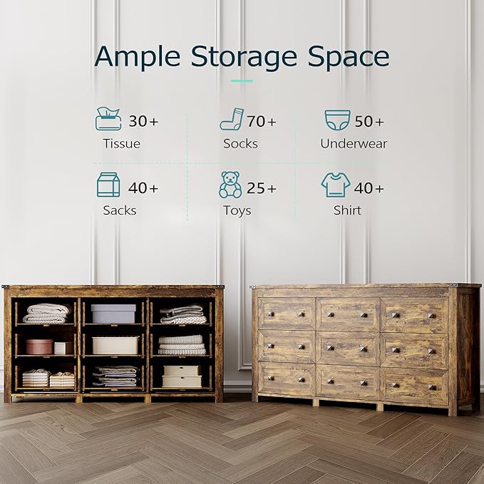 Dresser for Bedroom with 9 Drawers, Farmhouse Wood Chest of Drawers, Wide TV Stand Closet Storage Furniture with Metal Handle, Modern Clothes Organizer for Hallway, Living Room, Entryway, Brown