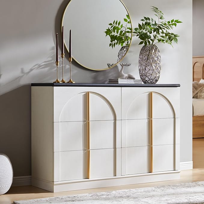 ACCOHOHO Arched Dresser for Bedroom with 6 Drawers, 47.3" Wide Modern Chest of Drawers with Rounded Edge & Metal Handles, Wood Storage Closet Dressers TV Stand for Living Room, Hallway, White
