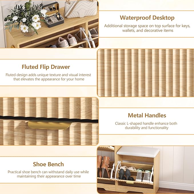 Shoe Cabinet Storage for Entryway with 4 Flip Drawers, Oak Fluted Shoe Cabinet with Bench, Wooden Hidden Shoe Rack Freestanding Narrow Slim Shoes Storage Organizer for Hallway, Entrance