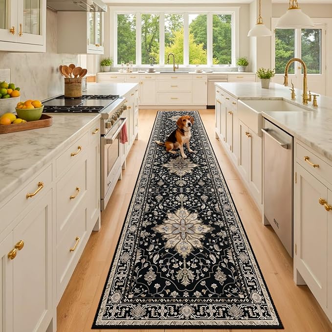 Area Rugs 2'x10' Washable Non-Slip, Floral Vintage Distress Print Pattern Medallion Carpet for Living Room Bedroom Dining Room, Black Brown Neutral Dark Tan