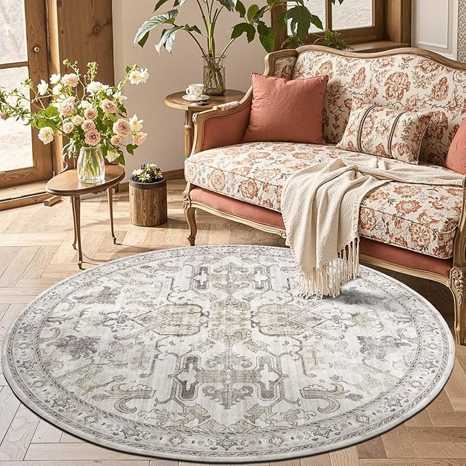 jinchan Round Rug 5ft Area Rug Indoor Vintage Floral Circle 5' Washable Ultra-Thin Low Pile Soft Small Non Slip Distressed Print for Living Room Dining Room Bedroom Entryway Taupe
