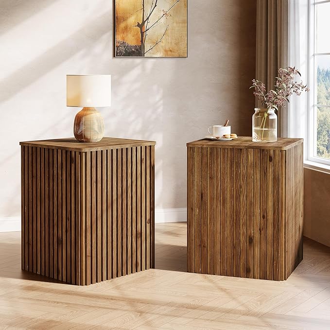 Solid Wood End Table Set of 2, Square Fluted Side Table for Living Room, Farmhouse Bedside Nightstand with Storage and Removable Lid for Bedroom, Small Spaces (2 PCS, Rustic Brown)