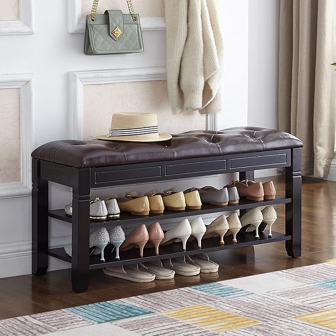 Shoe Storage Bench with Cushion, Entry Bench with Storage Solid Wood Shoe Bench Ideal for Entryway Living Room and Corridor (Black, 39.4'')