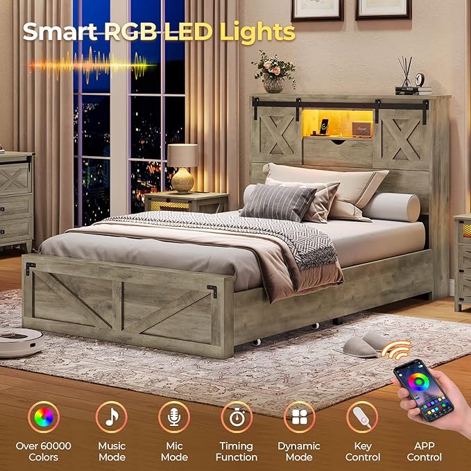 Hasuit Farmhouse Bed Frame Twin Size with 2 Storage Drawers, Wooden Platform Twin Bed with LED Lights and Charging Station, Rustic Accent Headboard with Sliding Barn Door Storage Cabinets