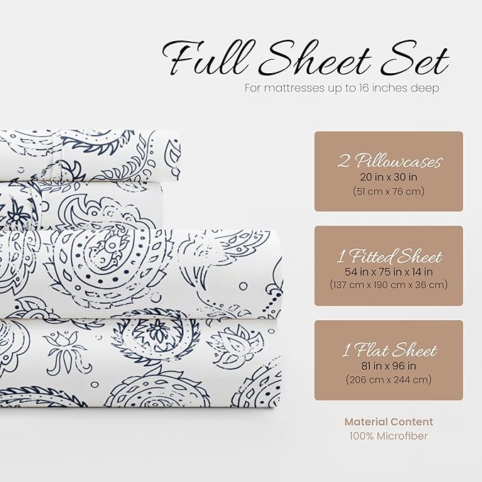 Linen Market Double-Brushed Patterned Microfiber Full Sheet Set 4 Piece – Oeko-TEX Certified Ultra Soft & Wrinkle-Free - 16" Deep Pocket Sheets - Easy Care Full Size - Coarse Paisley Navy