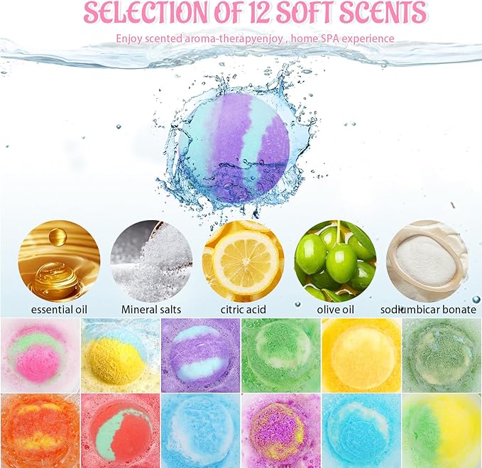 5.3 OZ Extra Large Bath Bombs Gift Set for Women, Girlfriend, Adults, Girls, Kids, 12 Pcs XXL Organic Natural Handmade Bathbombs for Skin Moisturizing, Bubble Spa Bath, Mothers Day Gift for Wife