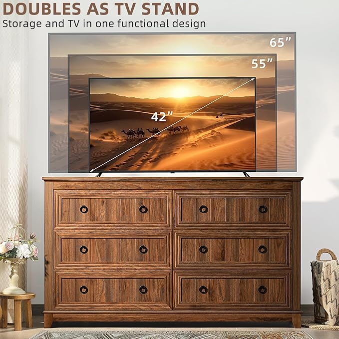 Bedroom Dresser and Nightstand Sets 4 Piece, Farmhouse 6 Drawers Dresser & 40.5" Tall Chest of Drawers,18" Nightstands with Charging Station,54" Wide Furniture Dressers for Bedroom,Living Room
