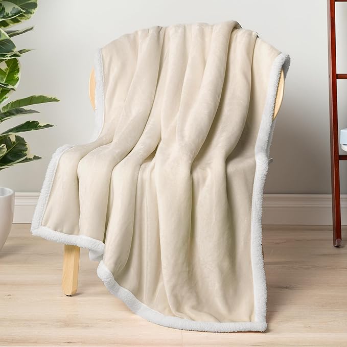 PAVILIA Sherpa Fleece Throw Blanket for Couch, Twin Size, Cream Beige, Plush Soft Fuzzy Sofa Blanket, Cozy Reversible Winter Throw for Women Men, 60x80 Inches