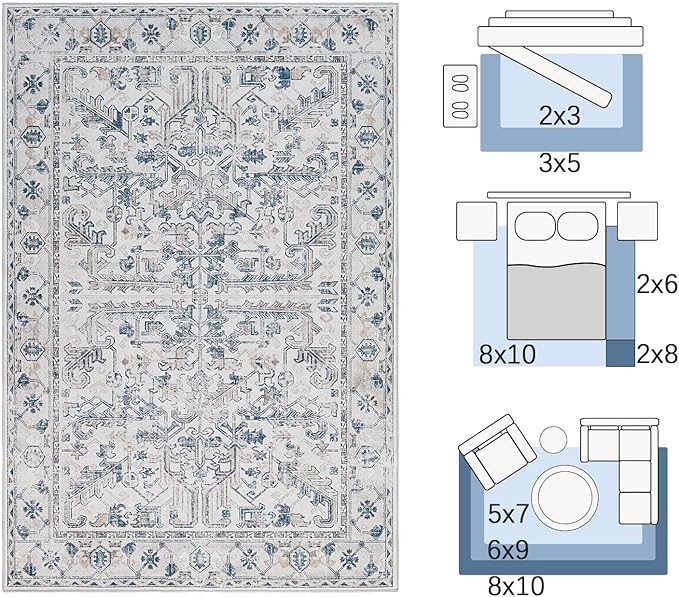 jinchan Lima Vintage Area Rug 3x5 for Entryway - Machine Washable Stain Resistant Non-Slip Low Pile Ultra-Thin Floral Print Indoor Rug for Kitchen Bedroom Living Room (3x5ft, Blue)
