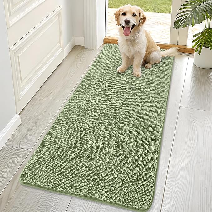 OLANLY Dog Door Mat for Muddy Paws 70x32, Absorbs Moisture and Dirt, Absorbent Non-Slip Washable Doormat, Quick Dry Chenille Mud Mat for Dogs, Entry Indoor Entryway Carpet for Inside Floor, Sage Green