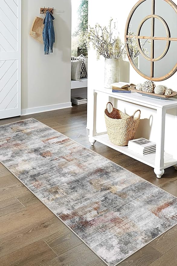 vivorug Grey Runner Rug 2x10 Machine Washable Rug with Non-Slip Backing, Ideal for Kitchen Hallway Entryway Laundry Room - Modern Abstract, Durable, Easy Clean, Low Pile Carpet Runner