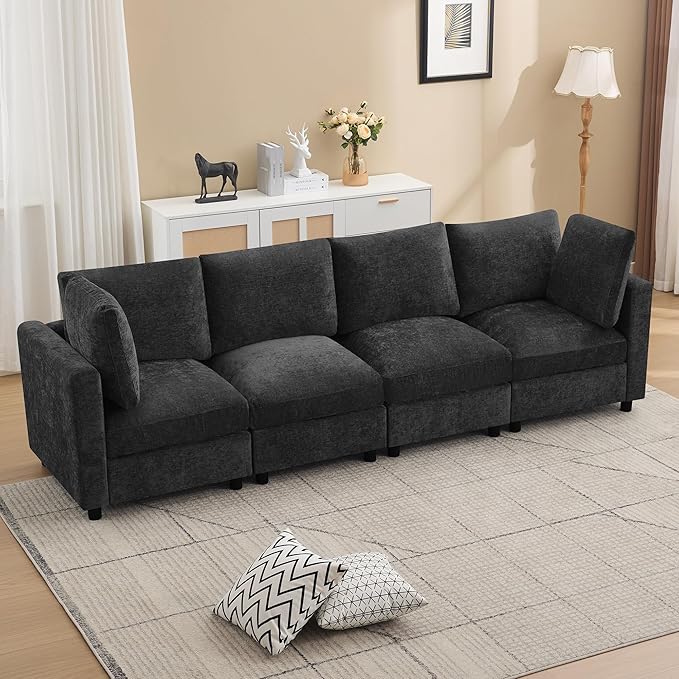 116'' 4-Seater Modular Sectional Cloud Sofa, Straight-Line Couches for Living Room, Modern Upholstered Deep Seat Sofa, Chenille Dark Grey