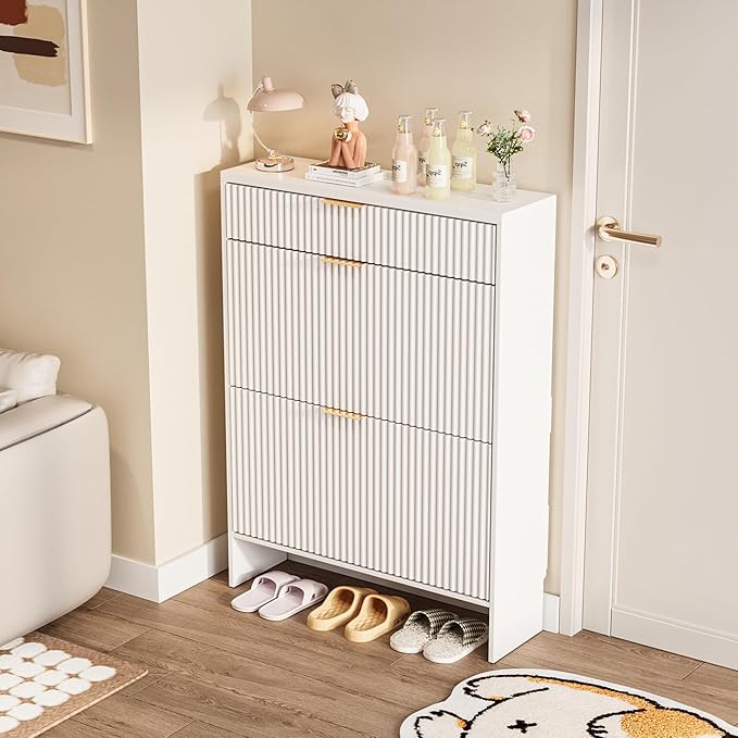 Fluted Shoe Cabinet Storage with 2 Flip Drawers & 1 Drawers, Wood Narrow Hidden Shoe Cabinet with Shelf for Entryway, Freestanding Slim Shoe Rack Organizer for Hallway Living Room(White)