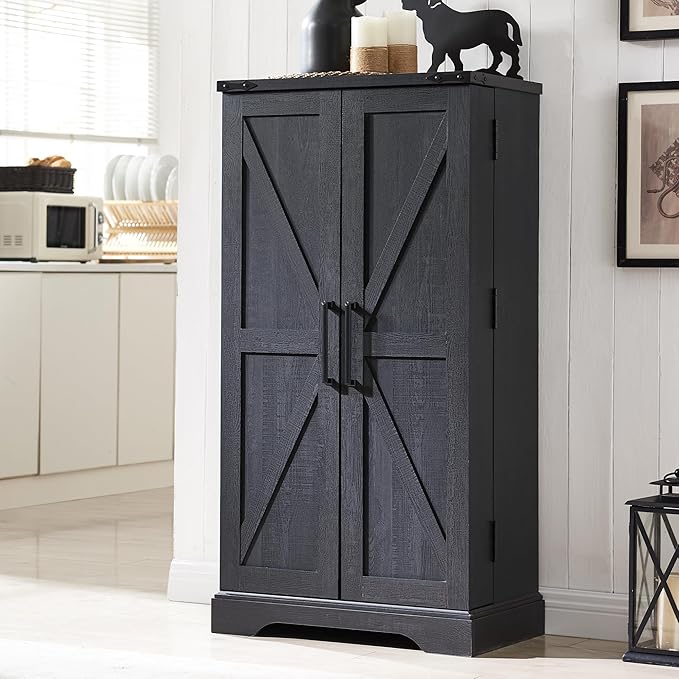 ACCOHOHO 47" Kitchen Pantry, Farmhouse Storage Cabinet with Barn Doors, Organizer and Adjustable Shelves, Rustic Wood Cupboard for Kitchen, Dining Room, Bathroom and Hallway, Black