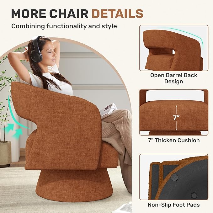 Swivel Accent Chair, Modern Comfy Chenille Barrel Chairs, Oversized Upholstered Round Arm Chair for Living Room, Bedroom, Reading Room, Caramel, 1 PCS