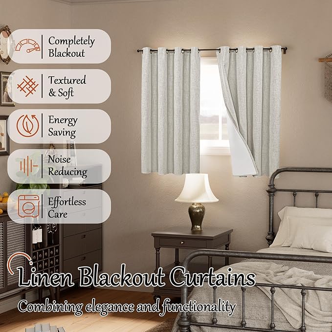 Short Blackout Curtains 45 Inch Length 2 Panels, Thermal Insulated Total Light Blocking Linen Window Curtains for Farmhouse Bedroom Basement, Bronze Grommet, Light Grey, Each 52" Wide