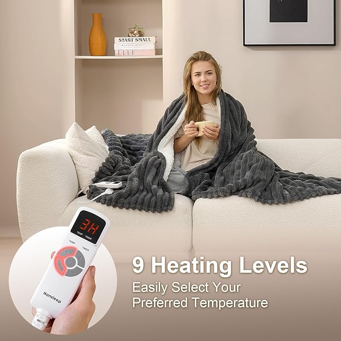 Hansleep Heated Blanket King Size Electric Throw Dual Control, Heating Blanket with 9 Heating Levels and 10-Hour Timer Auto Shut Off, Washable Soft Warm Winter Blanket, 90 x 100 Inches, Dark Grey