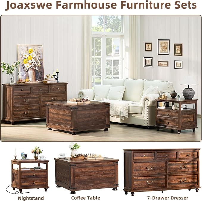 Farmhouse Furniture Set, Nightstands Set of 2 and 7 Drawers Dresser for Bedroom, 54 Inch Wide Wood Dresser and 24" Night Stands with Charging Station for Bedroom, Living Room, Hallway
