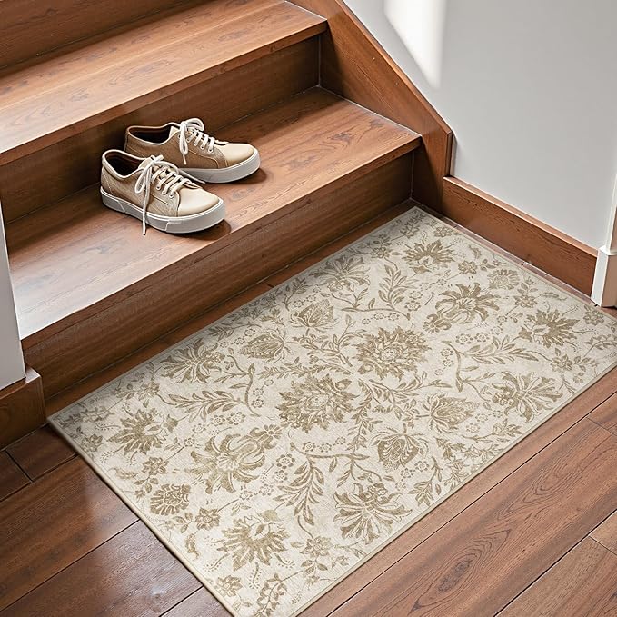 jinchan Torino 2x3 Washable Rugs for Entryway, Vintage-Inspired Floral Neutral Design Non-Slip Low-Pile Doormat, Ultra-Thin Indoor Traditional Accent Carpet for Entrance Bathroom Bedroom, Taupe