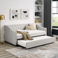 Favfurish Upholstered Twin Size Daybed with Twin Trundle, Solid Wooden Sofa Bed Frame w/Button Tufted Backrest and Copper Nail on Waved Shape Arms, No Spring Box Need, Space-Saving Design