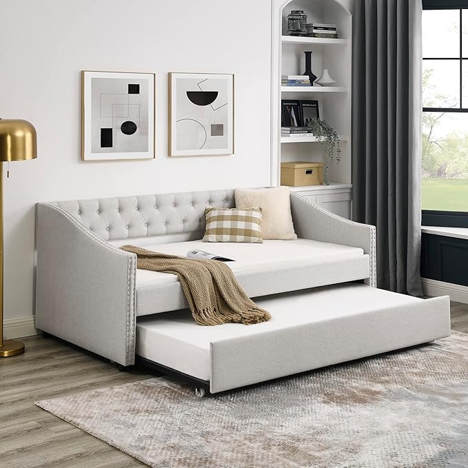 Favfurish Twin Size Daybed with Trundle,Linen Upholstered Sofa Bed W/Button on Back & Copper Nail on Waved Shape Armrests,Space Saving,No Spring Box Need,Wood Bedframe for Living Room Bedroom,Beige