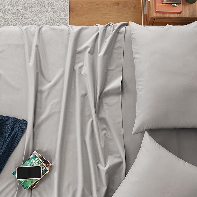 IZOD 100% Egyptian Cotton Sheets Set Twin XL Size, Cotton Percale Crisp Sheet Set 3Pc, Deep Pocket fits Upto 17", Long-Staple Soft Combed, Hotel Style Luxury Bedding Sheet - Sterling Silver