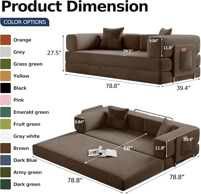 78.8" Convertible Futon Sofa Bed,Corduroy Futon Couch with Storage Pocket,Folding Pull Out Sofa,No Assembly Boneless Couch for Living Room,Brown