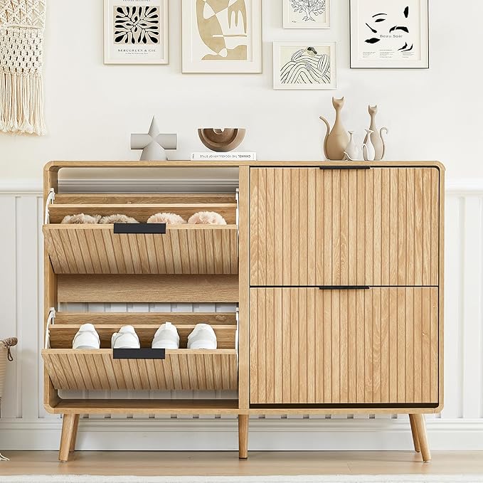 47" Fluted Large Shoe Cabinet with 4 Flip Drawers, Slim Freestanding Shoe Cabinet Organizer, Narrow Shoes Storage Rack for Entryway, 5 Sturdy Legs (All Natural, 9.45" D x 47.24" W x 35.83" H)