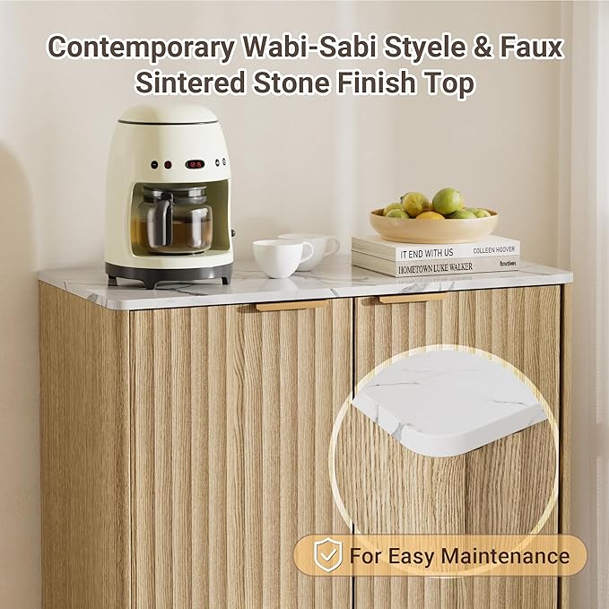Sideboard Cabinet, Small Buffet Cabinet, Modern Fluted Storage Cabinet with Faux Marble Top & Adjustable Shelf, Accent Credenza Sideboard for Kitchen, Living Room, Entryway