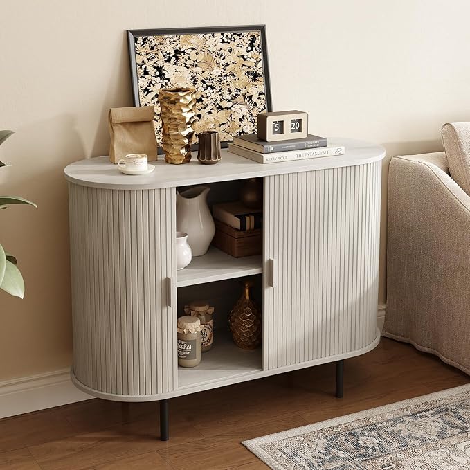 ONBRILL 40" Sideboard Buffet Cabinet with Storage, Storage Cabinet with Sliding Door & Adjustable Shelf, Modern Accent Coffee Bar Console Table for Kitchen, Entryway, Natural White