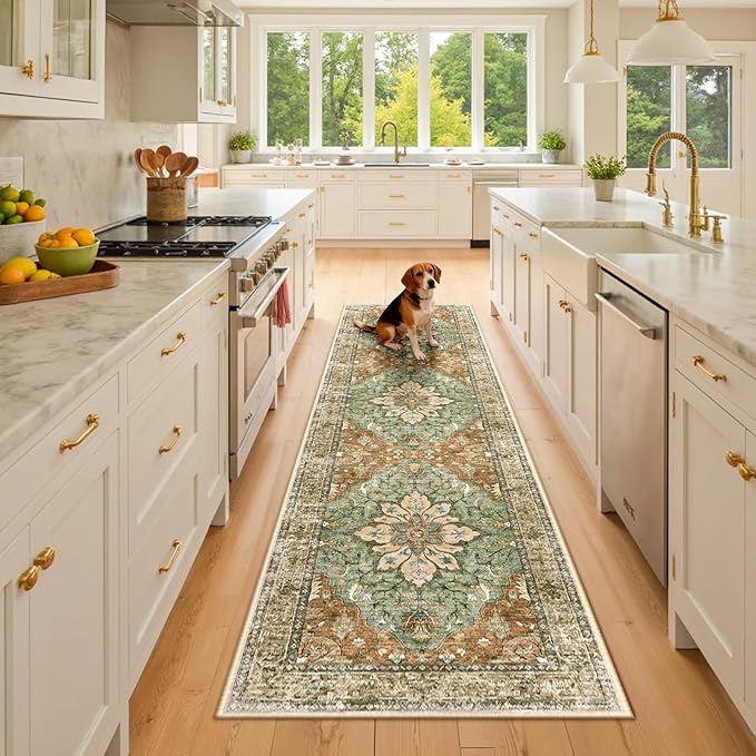 Area Rugs 2'x8' Washable Non-Slip, Floral Vintage Distress Print Pattern Medallion Carpet for Living Room Bedroom Dining Room, Brick Red Rust Neutral Brown Burnt Orange Green