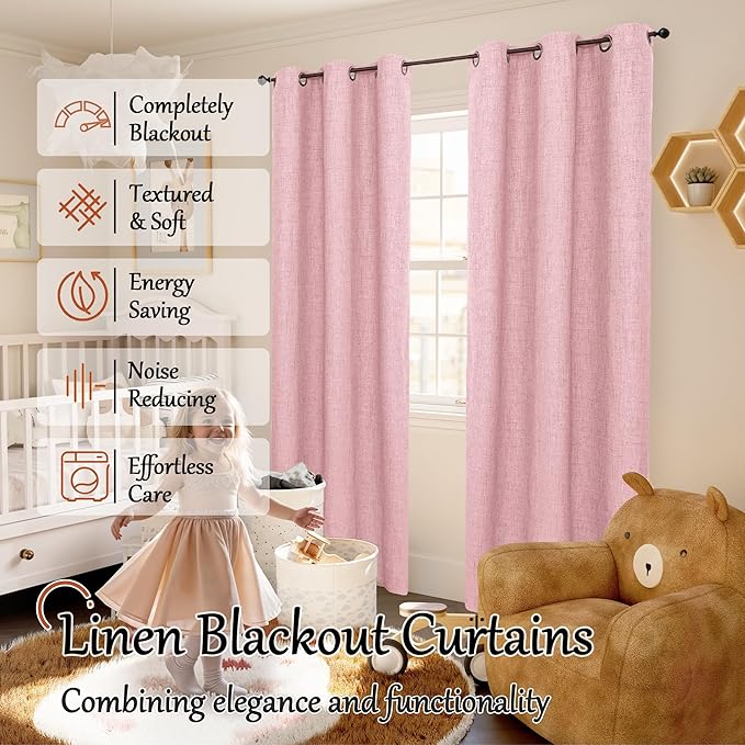 Baby Pink Linen Blackout Curtains for Nursery 80 Inch Length 2 Panels Set, Thermal Insulated Boho Total Black Out Noise Reducing Bonzer Grommets Window Curtains for Girls Bedroom, Each 38 Inch Wide