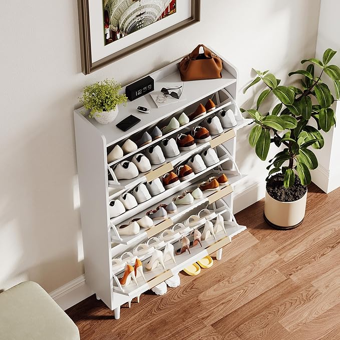 VINGLI White Fluted Shoe Storage Cabinet for Entryway with 3 Flip Drawers, Narrow Shoe Organizer with Fluted Panel, Modern Freestanding Wood Shoe Cabinet for Foyer, Hallway (White, 3 Flip Drawers)