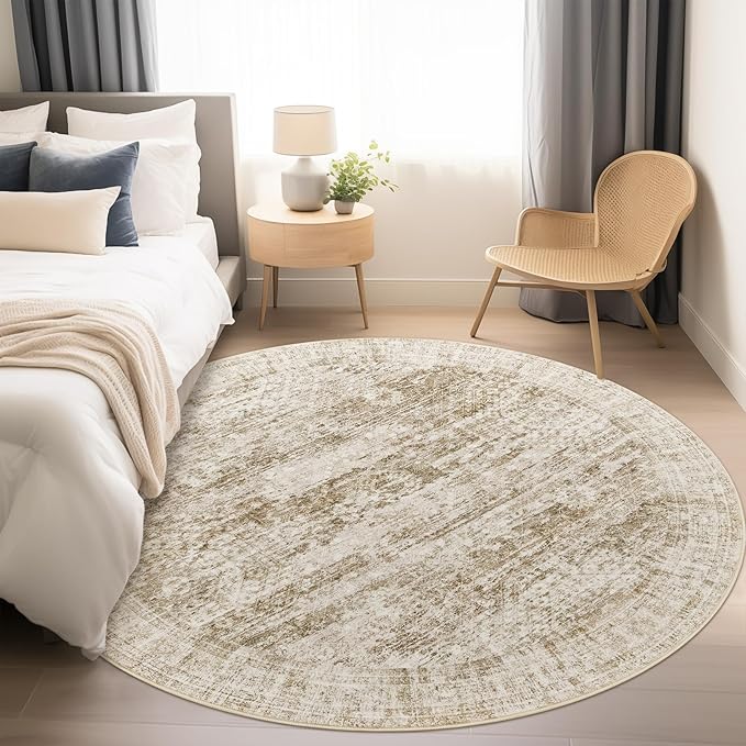 9x9 Brown Round Rug 9ft Living Room Circle Rug Vintage Round Area Rug Non Slip Indoor Carpet for Apartment