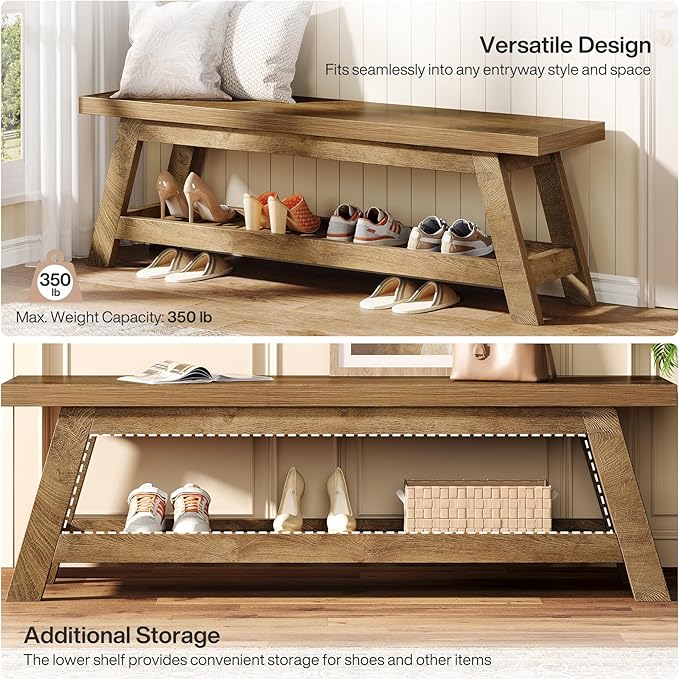 Tribesigns 55" Wood Entryway Bench with Shoe Storage, Large 2-Tier Narrow Hallway Foyer Seating Bench with Open Shelves for Entryway, Bedroom, Mudroom