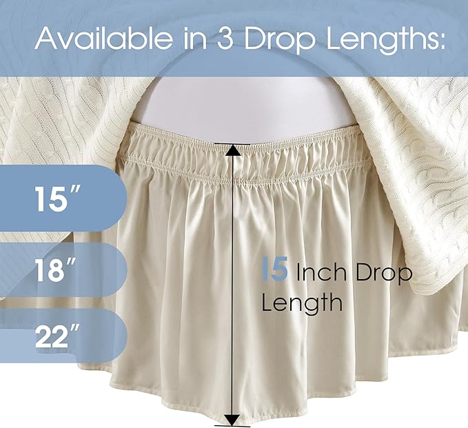 FreshCulture Twin Bed Skirt, Elastic Wrap Around Bed Skirt Twin Size, Bed Skirts for Adjustable Bed, Easy Fit with 15 Inch Drop Length, Hotel Quality Dust Ruffle for Twin Bed (Cream)