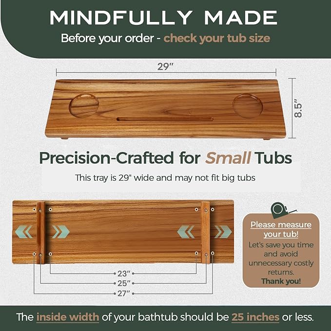 Superior Teak Bath Tub Tray Wood for Small Tubs - Adjustable Bathtub Table Tray - Sustainable Minimalist Bathtub Shelf Across Tub - Anti-Slip Bathroom Accessories Holders for Tub 29" in.