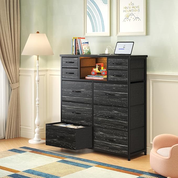 Dresser for Bedroom with 10 Drawers Featuring LED Light and Power Outlet, Fabric Dressers & Chest of Drawers with Open Shelves for Hallway, Living Room, Metal Frame,Wood Top,Grain Black