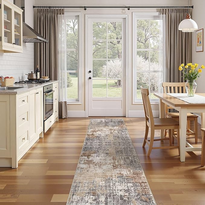 Washable Runner Rug for Hallway: 2.6x14 Neutral Modern Abstract Low Pile Area Rug with Non-Slip Backing - Carpet for Bedroom Kitchen Laundry Entryway Bathroom Indoor - Grey Brown