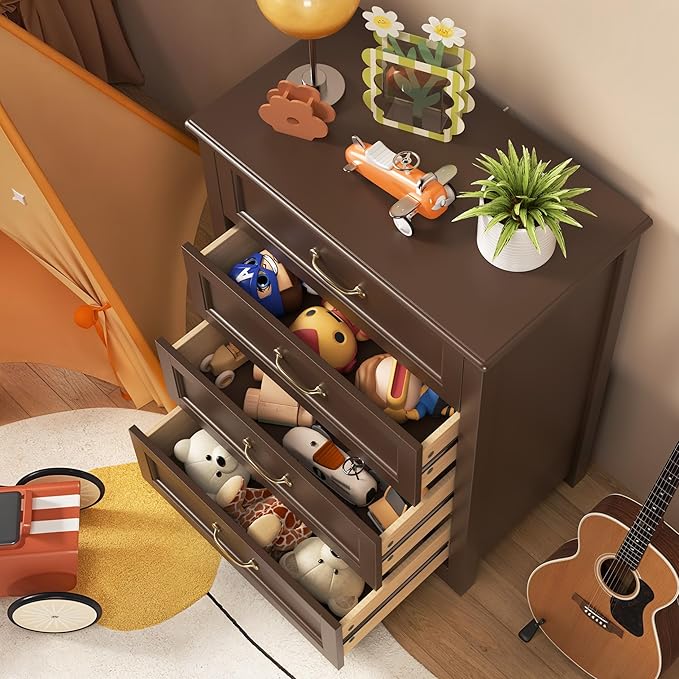 Gizoon Dresser for Bedroom with 4 Drawers Wooden Chest of Drawers for Closet Dresser Storage Unit Organizer for Hallway Living Room and Office, Dark Brown