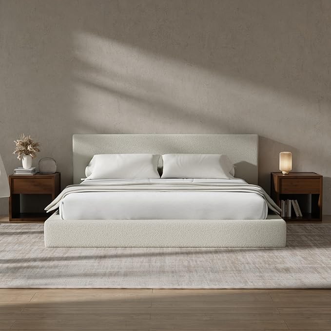 RECCI Cloud Boucle Upholstered King Bed Frame with Headboard, 5 Inch Foam Padded Platform, No Box Spring, Easy Assembly(Beige)